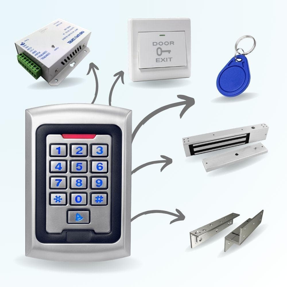 Kit complet contrôle d'accès : lecteur RFID, badge, gâche magnétique, contrôleur